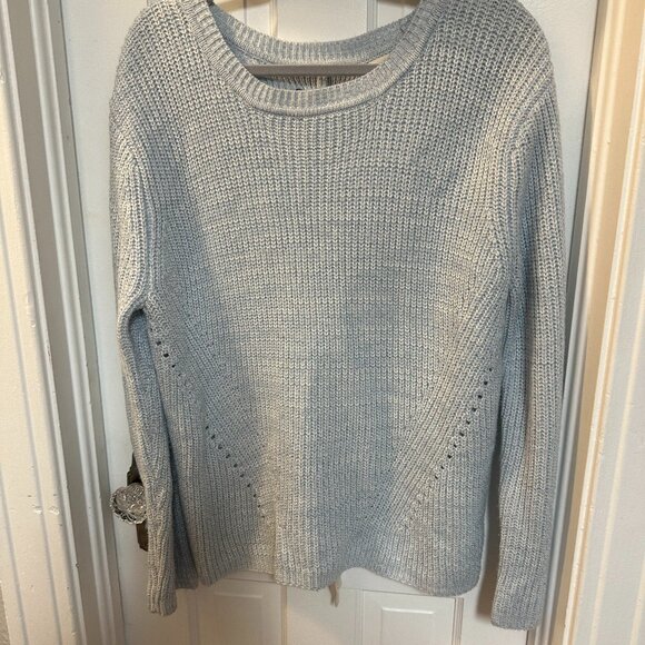 Harper Heritage Blue and White Knit Sweater with Tie Down the Back-Size Large - Picture 1 of 5
